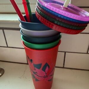 Starbucks Red Floral Tumbler with Multicolor Lids